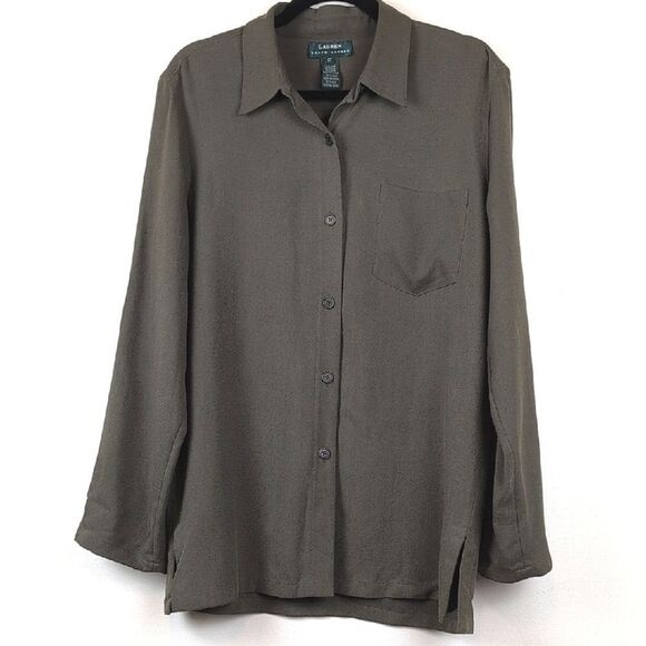 Lauren Ralph Lauren 100% Silk Button Front Roll Tab Sleeve Blouse Top Size 12 - Picture 1 of 9
